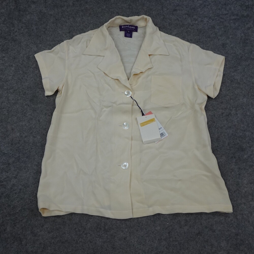 Vintage Ralph Lauren Purple Label Shirt Womens 10 Beige Button Up Silk Margot